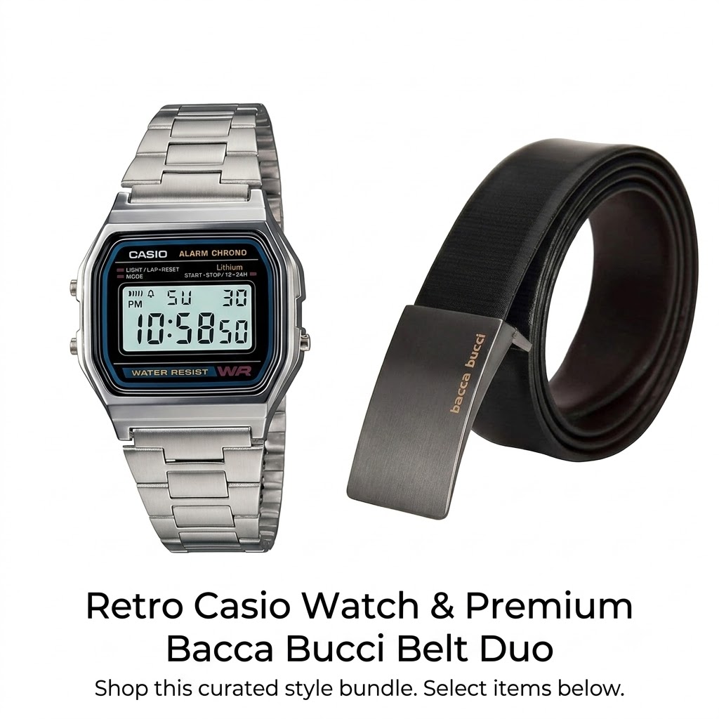 Retro Casio Watch & Premium Bacca Bucci Belt Duo – Curated Style Bundle