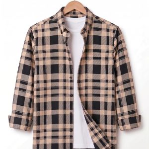 Men's Flannel Plaid Shirt, Brown and White, Full Sleeves, Casual Button-Up with Chest Pocket