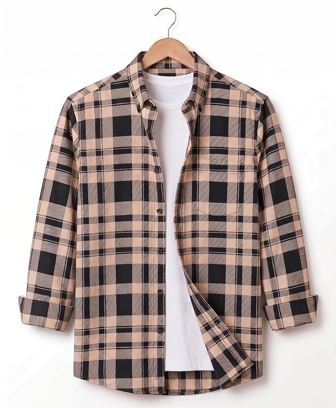 Men’s Flannel Plaid Shirt, Brown and White, Full Sleeves, Casual Button-Up with Chest Pocket