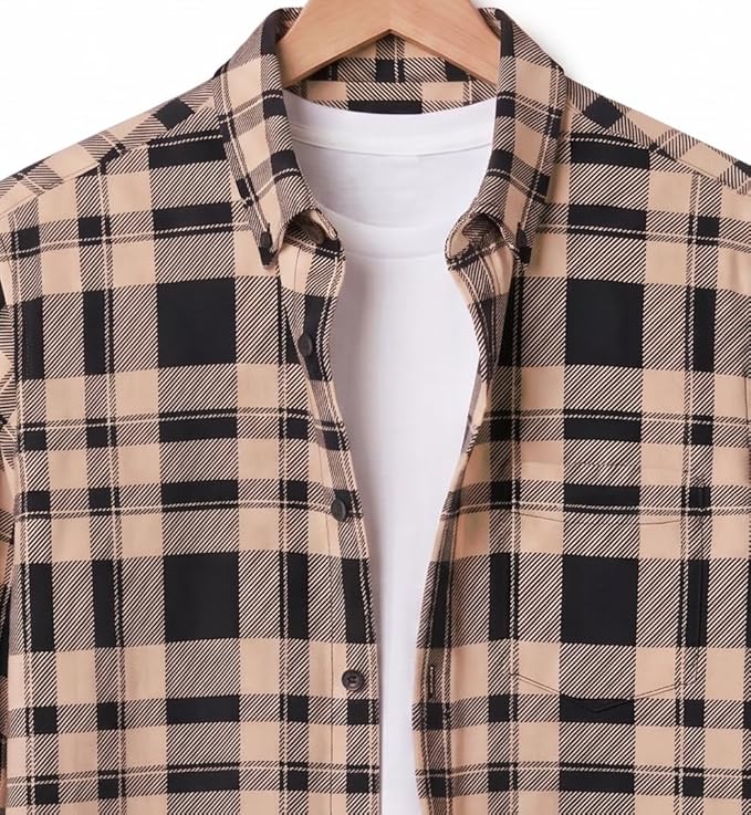 Men's Flannel Plaid Shirt, Brown and White, Full Sleeves, Casual Button-Up with Chest Pocket - Image 4