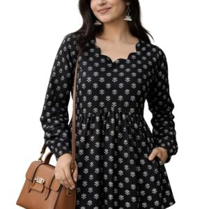 Women's Rayon Black Floral Block Print Kurti, Scallop Neckline, Full Sleeves, Gathered Fit
