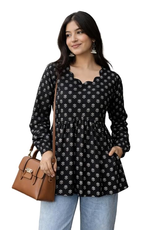 Women’s Rayon Black Floral Block Print Kurti, Scallop Neckline, Full Sleeves, Gathered Fit