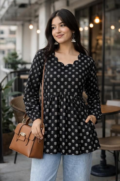 Women's Rayon Black Floral Block Print Kurti, Scallop Neckline, Full Sleeves, Gathered Fit - Image 2