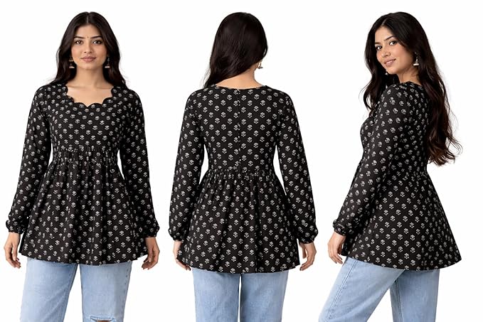 Women's Rayon Black Floral Block Print Kurti, Scallop Neckline, Full Sleeves, Gathered Fit - Image 3