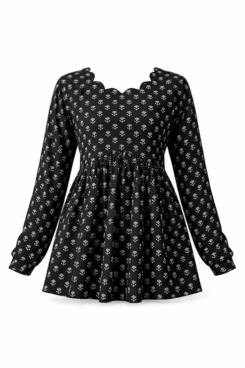 Women's Rayon Black Floral Block Print Kurti, Scallop Neckline, Full Sleeves, Gathered Fit - Image 4
