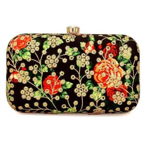 TOOBA Handicraft Women’s Embroidered Clutch Purse | Designer Handbag with Golden Floral Print | Wedding, Cocktail, Party & Bridal Gift Bag for Women & Girls