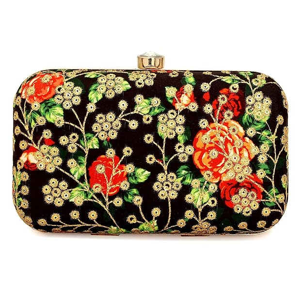 TOOBA Handicraft Women’s Embroidered Clutch Purse | Designer Handbag with Golden Floral Print | Wedding, Cocktail, Party & Bridal Gift Bag for Women & Girls