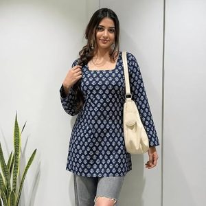 SONISHA Women's Rayon Floral Print Short Kurti for Women Elegance Square Neck, Long Sleeves with Style Criss Cross Back Kurti, Top for Office Wear, Casual, Outdoor