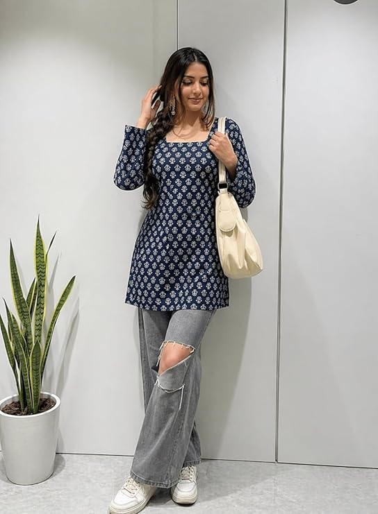 SONISHA Women's Rayon Floral Print Short Kurti for Women Elegance Square Neck, Long Sleeves with Style Criss Cross Back Kurti, Top for Office Wear, Casual, Outdoor - Image 3