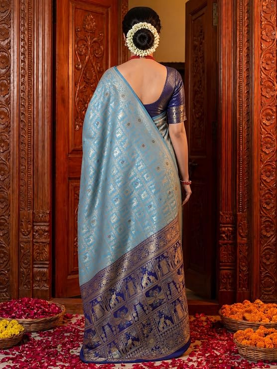 AKHILAM Women's Kanjivaram Pure Soft Silk Saree For Women Saree With Unstitched Blouse Piece |Soft banarasi saree for women|silk saree pure silk - Image 3
