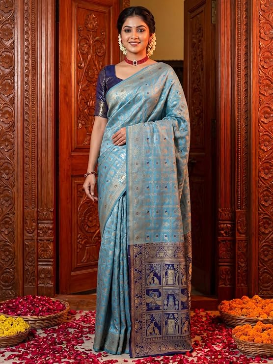 AKHILAM Women's Kanjivaram Pure Soft Silk Saree For Women Saree With Unstitched Blouse Piece |Soft banarasi saree for women|silk saree pure silk - Image 4