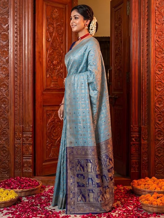 AKHILAM Women's Kanjivaram Pure Soft Silk Saree For Women Saree With Unstitched Blouse Piece |Soft banarasi saree for women|silk saree pure silk - Image 5