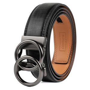 Contacts Men's Genuine Leather Ratchet Belt | Automatic Buckle with Dual Ring Design | Stylish Adjustable Belt for Jeans, Trousers & Formal Wear