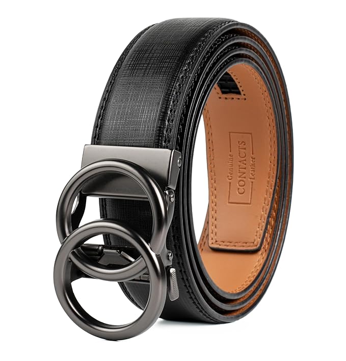 Contacts Men’s Genuine Leather Ratchet Belt | Automatic Buckle with Dual Ring Design | Stylish Adjustable Belt for Jeans, Trousers & Formal Wear