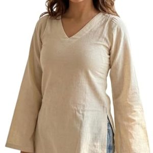 Cotton Short Kurti for Women | Full Sleeves Kurti | Ethnic Kurta for Girls | Casual Shirt for Girl | V Neck Top for Women | Casual and Ethenic Wear | Beige